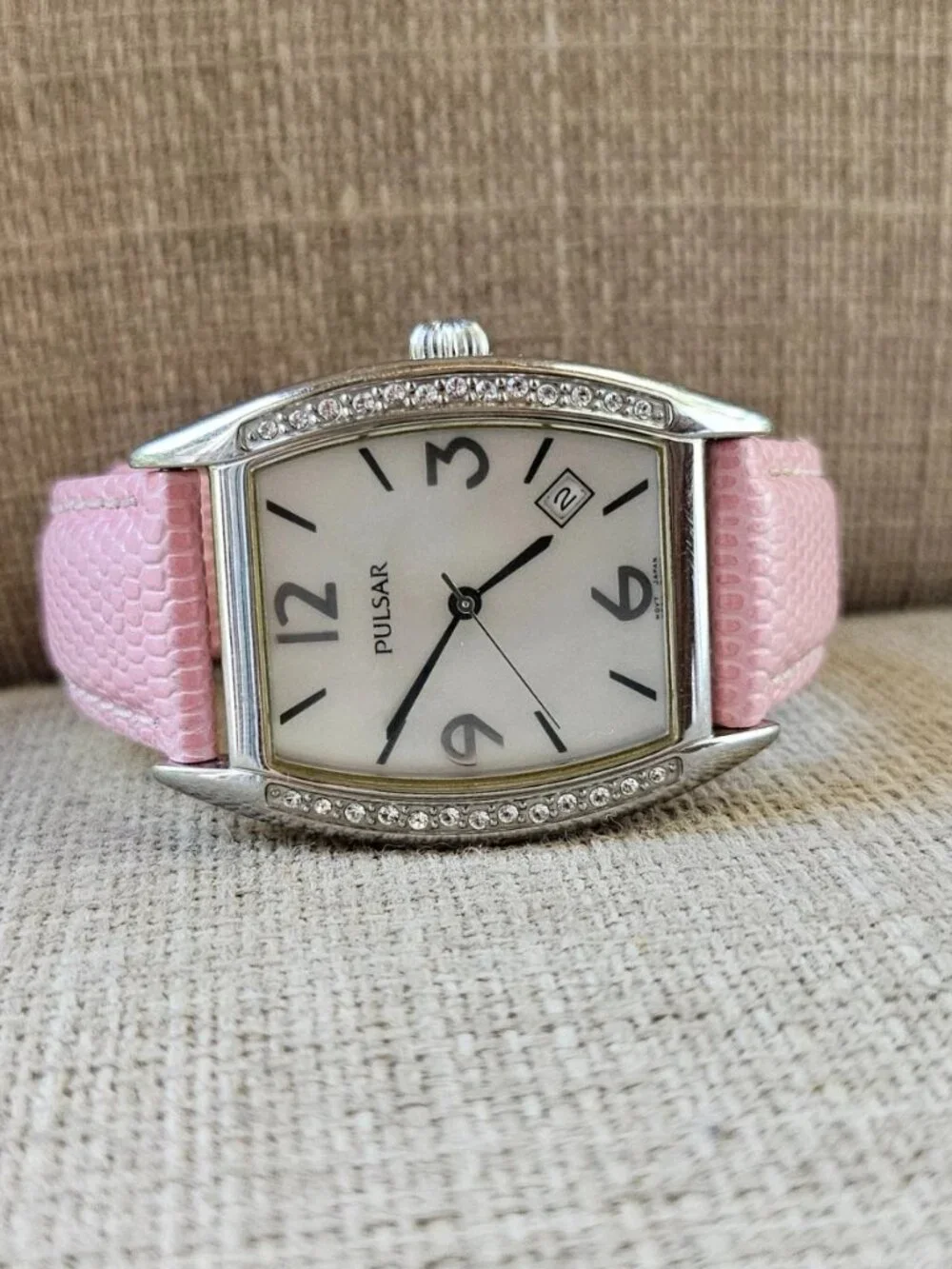 Vintage Pulsar Wristwatch Pink Leather Strap Japan Movt Date Calendar Watch
